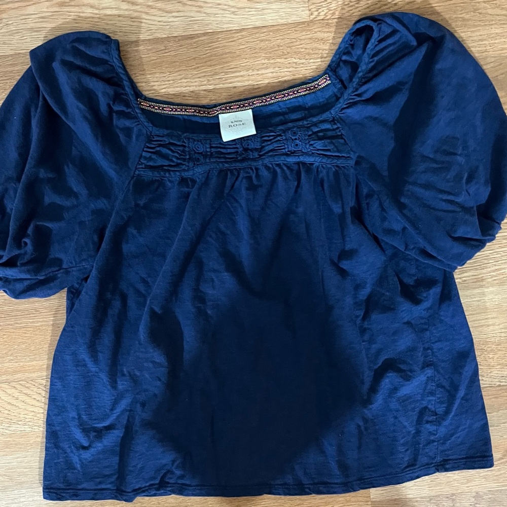 Knox Rose Sz L Boho Blue Top Crochet Top Bodice Short Sleeve Shirt Loose Blouse